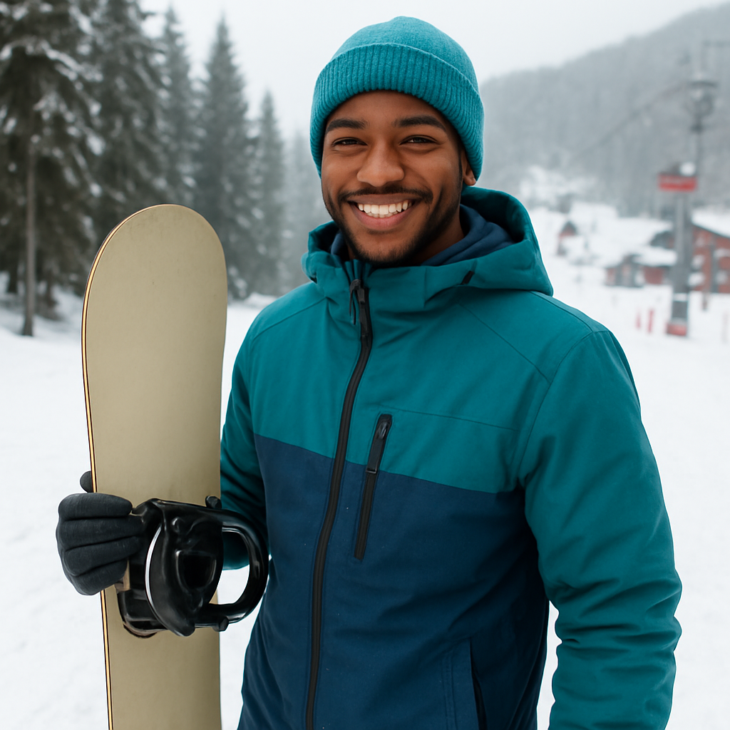 A snowboarder holding their board and checking their gear at a resort