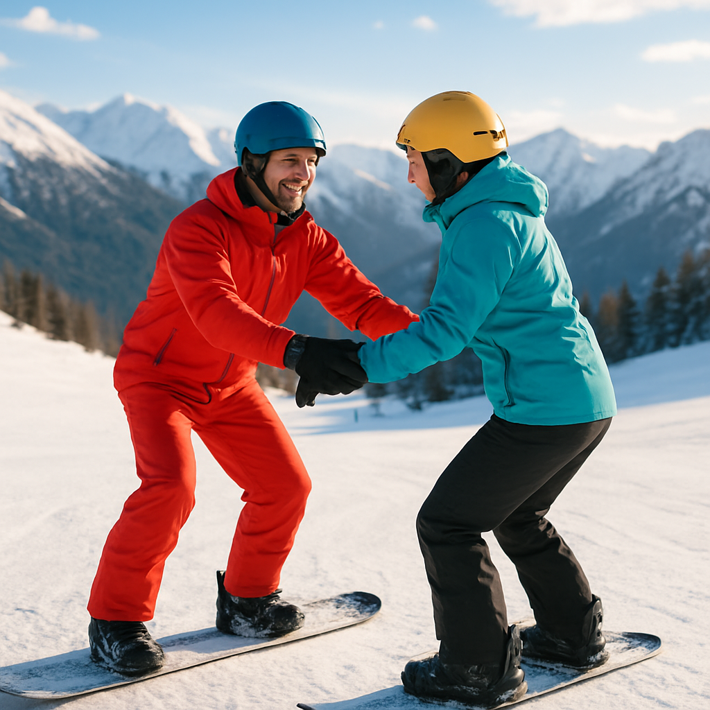 A BASI certified instructor teaching a beginner snowboarder on a gentle snowy slope