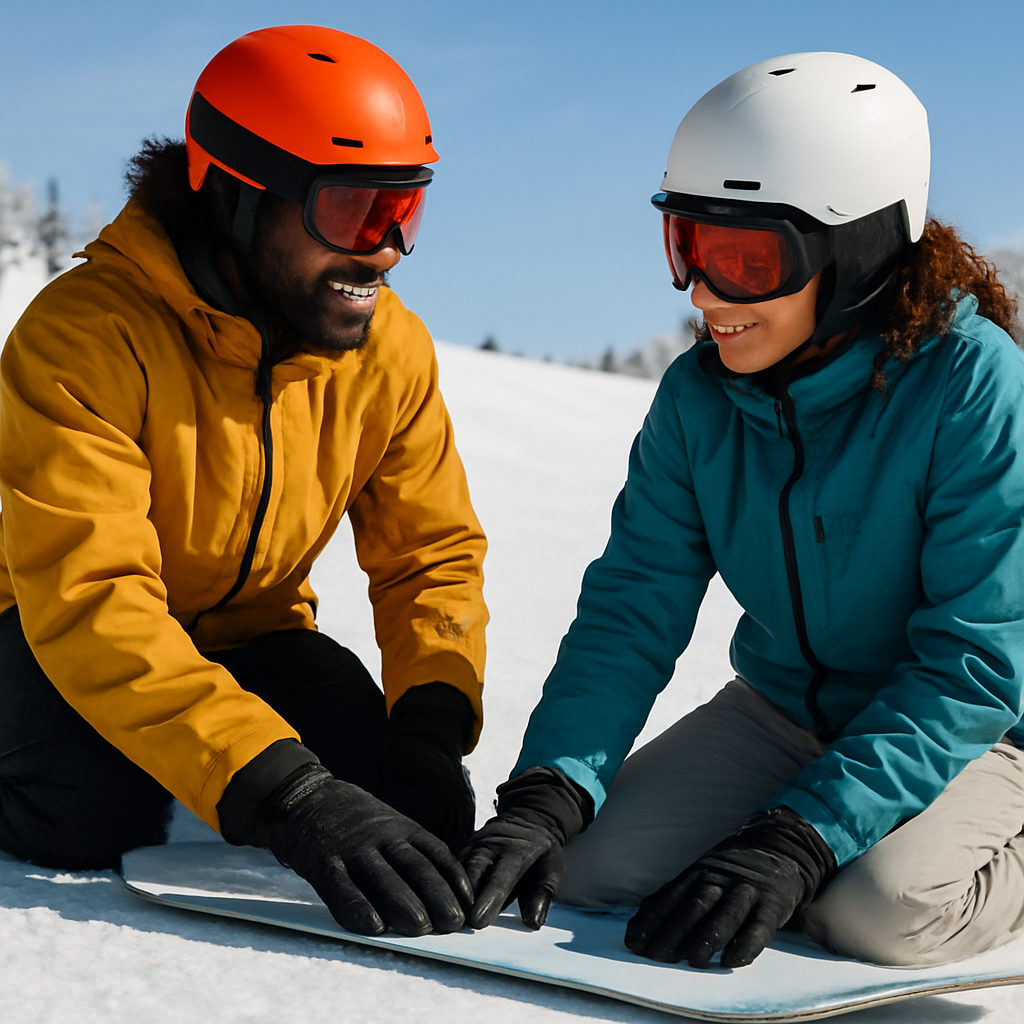 A snowboard instructor teaching a beginner on a gentle slope
